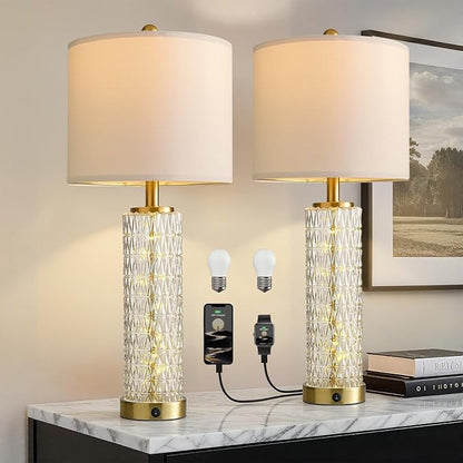 Oneach 27.75” Table Lamps Set of 2, Gold Modern Bedside Lamp with LED Night Light, USB A+C, Glass Lamps for Living Room, Bedroom, Nightstand, Office, End Table (2 Bulbs Included)