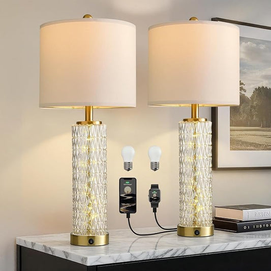 Oneach 27.75” Table Lamps Set of 2, Gold Modern Bedside Lamp with LED Night Light, USB A+C, Glass Lamps for Living Room, Bedroom, Nightstand, Office, End Table (2 Bulbs Included)