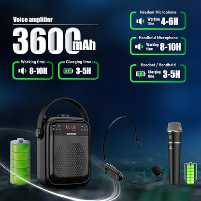 ZOWEETEK Wireless Voice Amplifier Handheld and Headset Microphones for Teachers, Voice Amplifier Microphone, Portable Megaphone Buletooth Speaker for Classroom, Meeting, Group outings, Party, Karaoke