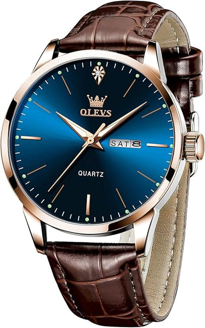 OLEVS Mens Watches, Dress Waterproof Classic Analog Casual Luxury Wrist Watch for Men with Date, Easy to Read Relojes para Hombres Male Quartz Wristwatch with Brown Black Leather Band Blue Black Dial