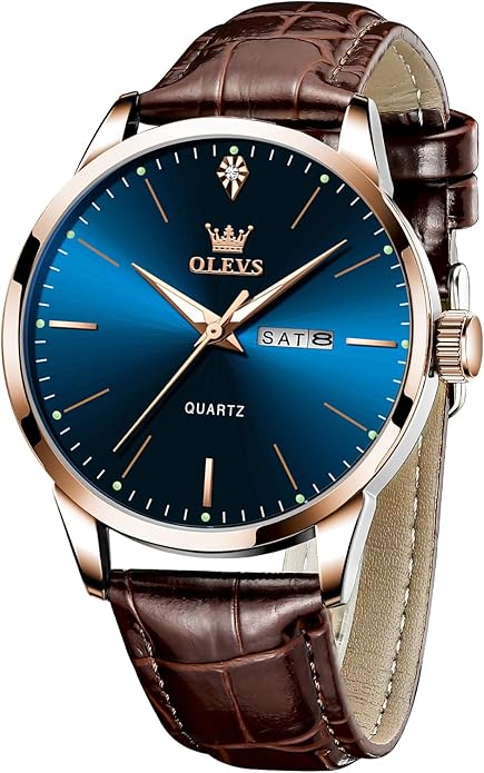 OLEVS Mens Watches, Dress Waterproof Classic Analog Casual Luxury Wrist Watch for Men with Date, Easy to Read Relojes para Hombres Male Quartz Wristwatch with Brown Black Leather Band Blue Black Dial