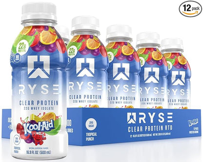 RYSE Clear Protein Drink - Kool-Aid Tropical Punch - 100 Calories, 22g Whey Isolate Protein Shake, Sugar-Free, 0g Fat & Lactose-Free - Refreshing Ready-to-Drink Beverage - 16.9 fl oz Bottles (12-Pack)
