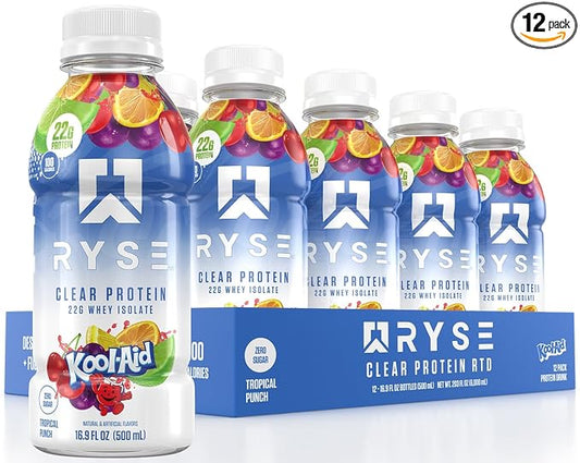 RYSE Clear Protein Drink - Kool-Aid Tropical Punch - 100 Calories, 22g Whey Isolate Protein Shake, Sugar-Free, 0g Fat & Lactose-Free - Refreshing Ready-to-Drink Beverage - 16.9 fl oz Bottles (12-Pack)