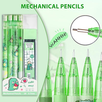 Cute Green Dinosaur Mechanical Pencil Set Include 8Pcs Kawaii Mechanical Pencils,2 Tubes Mechanical Pencil Lead Refills,2Pcs Dinosaur Erasers,for Office School Supplies