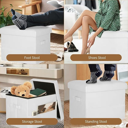 Ottoman with Storage. Leather Foldable Ottomans with Thick Foam Padded Seat. Foot Rest Stool Storage for Living Room and Bedroom. Side Pockets and Handles Designed. 17x13x13in, White