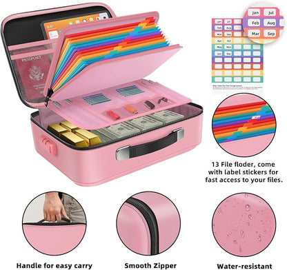 Fireproof Document Box Hard Case With Lock, Multi-Layer Fire Proof Water Resistant Safe Box File Organizer Bag With Small Money Bag for Important Documents Passport Certificates Laptop (Pink)