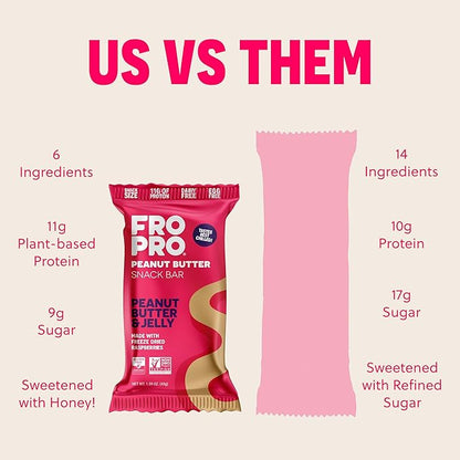 FROPRO Plant Protein Snack Bars - Plant Based Protein Bars, All-Natural, Gluten, Dairy, & Soy Free, High Protein Bars with Low Calories | PB & J, 12 Pack