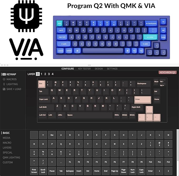 Keychron Q2 Wired Custom Mechanical Keyboard, QMK/VIA Programmable Macro, Full Aluminum, Hot-Swappable Gateron G Pro Red Switch, 65% Layout Double Gasket Compatible with Mac and Windows - Blue