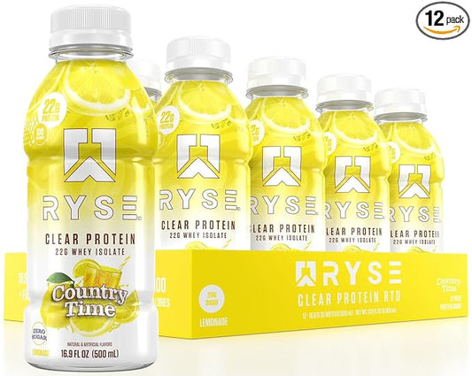 RYSE Clear Protein Drink - Country Time Lemonade - 100 Calories, 22g Whey Isolate Protein Shake, Sugar-Free, 0g Fat & Lactose-Free - Refreshing Ready-to-Drink Beverage - 16.9 fl oz Bottles (12-Pack)