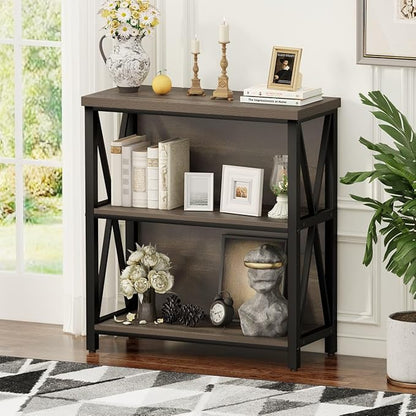 FATORRI Rustic Small 3 Shelf Bookshelf for Living Room, Industrial Low Wood Bookcase, Farmhouse Short Book Shelf for Small Space (Walnut Brown)