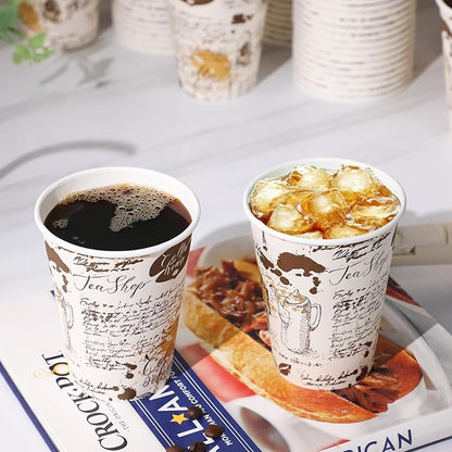 SIUQ 240 Pack 12oz Paper Coffee Cups, 12 Ounce Disposable Coffee Cups, Retro Design, Leak-Proof, Hot/Cold Beverage Drinking Cup for Chocolate, Cocoa, Coffee Bar Supplies