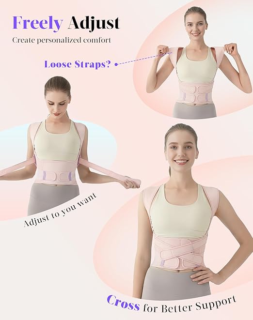 Posture Corrector for Women and Men, 5 Full Back Support Brace Rods, Adjustable Shoulder Straightener, FSA&HSA Eligible, Relief for Upper and Lower Back, Lumbar, Neck Pain (Pink, Medium)