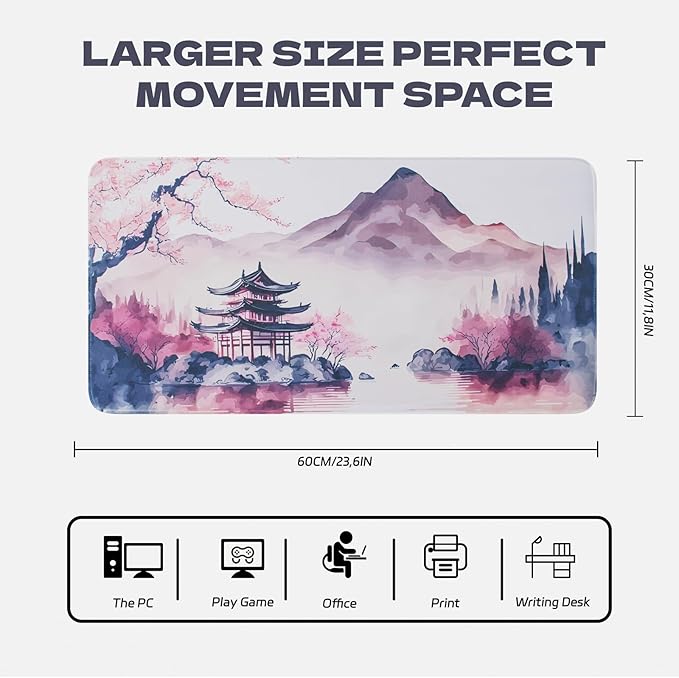 Large Mouse Pad, Japanese Desk Mat Extended Non-Slip Keyboard Mouse Pad Waterproof Office Desk Pad 23.6" x 11.8" Anime Mousepads Desktop Protector for Office and Home, Pink