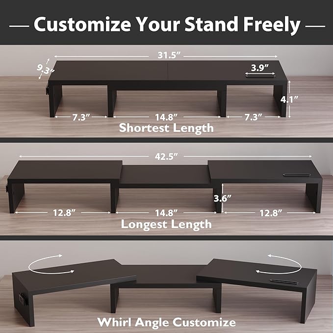 BONTEC Dual Monitor Stand for Desk, Adjustable Length and Angle Monitor Stand Riser with Smartphone Holder, Desk Shelf for Top of Desk, Computer Monitor Stand with Storage, Office Desk Organizer, Black