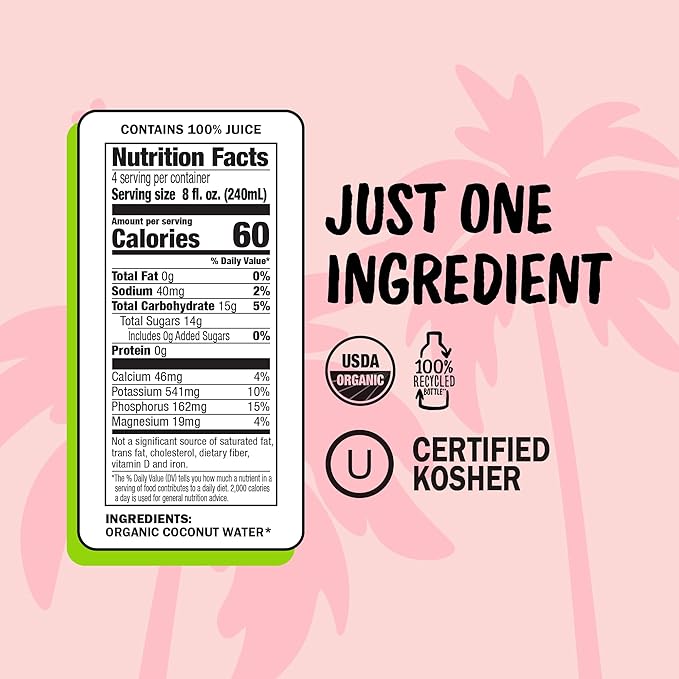 Harmless Harvest Coconut Water Organic Drink 32 Fl Oz - Natural Electrolyte Hydration, No Sugar Added, No Artificial Ingredients, Original Coconut Water, 6 Pack