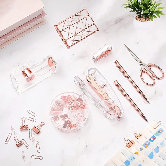 Famassi Rose Gold Desk Accessories，Office Supplies Set Acrylic Stapler Set Staple Remover, Tape Holder, 2 Ballpoint Pen, Scissor, Binder/Paper Clips and 1000pcs Staples.