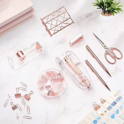 Famassi Rose Gold Desk Accessories，Office Supplies Set Acrylic Stapler Set Staple Remover, Tape Holder, 2 Ballpoint Pen, Scissor, Binder/Paper Clips and 1000pcs Staples.