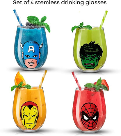 JoyJolt Marvel Heroes Stemless Drinking Glasses, 19oz Superhero Cups ft Hulk Captain America Spiderman and Iron Man, Avengers Glassware Set of 4, Marvel Gifts for Men and Women