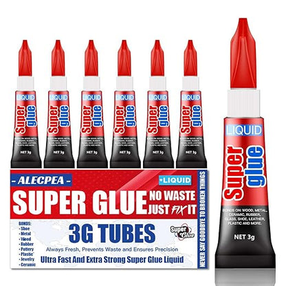 3 Gram (Pack of 6) Single Use Super Glue Liquid, Super Fast, Thin & Strong Adhesive Superglue, Cyanoacrylate Glue for Hard Plastics, DIY Craft, Ceramics, Leather, Metal Etc