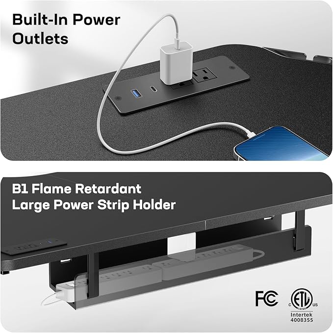 HUANUO Electric L Shaped Standing Desk, 63" x 63" Height Adjustable Corner Standing Desk with Built-in Power Outlets & Power Strip Holder, Sit Stand Up Table with 3 Preset Heights, Black