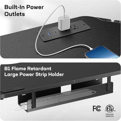 HUANUO Electric L Shaped Standing Desk, 63" x 63" Height Adjustable Corner Standing Desk with Built-in Power Outlets & Power Strip Holder, Sit Stand Up Table with 3 Preset Heights, Black