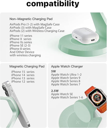 3 in 1 Charging Station for Apple Devices,Mag-Safe Charger Stand Fast Charging,Wireless Charger for iPhone17/ Air/16/15/14/13/12 Series,& AirPods,& iWatch(USB-C Charger Included)