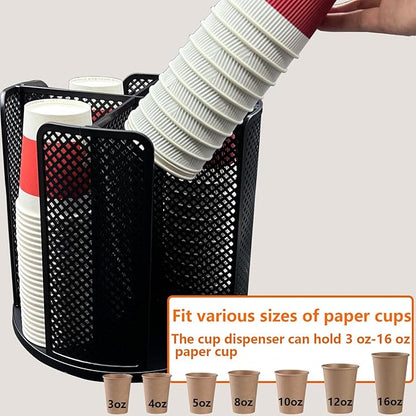 Paper Cup and Lid Holder, CITZCFYU Rotatable Coffee Cup Dispenser fit 5-16oz Disposable Cups Organizer, Plastic Cup Storage Rack for Countertop, Coffee Shop, Station, Bar, Office,Kitchen, Black
