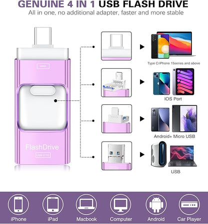 Flash Drive for iPhone 256GB, 4 in 1 USB Type C Memory Stick, Photo Stick External Storage Thumb Drive for iPhone iPad Android Computer, Violet Purple