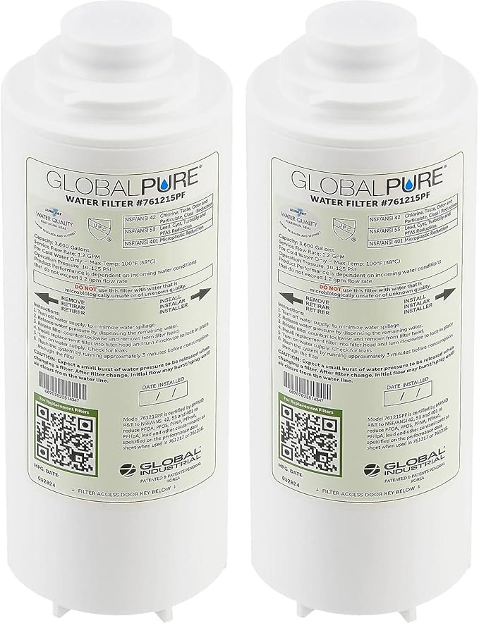 Global Industrial Global Pure Replacement Water Filter PFAS, 3,600 Gallon Capacity, Drinking Fountain and Bottle Fillers Replacement Filter, Cold Water Filter Only, 2/Pack
