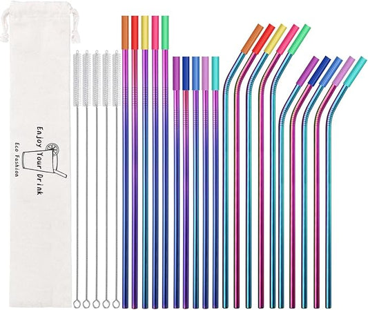 20 Pcs Rainbow Color Reusable Stainless Steel Straws,10.5" & 8.5" Reusable Drinking Straws with 20 Silicone Tips 5 Straw Brushes 1 Travel Case,Eco Friendly Extra Long Metal Straw for 20 30 oz Tumbler