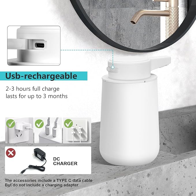 Automatic Soap Dispenser Liquid Touchless: 9oz Plastic White 3-Level Adjustable Modern Rechargeable Electric Smart Auto Soap Dispenser - Bathroom Kitchen Hand Dish Lotion
