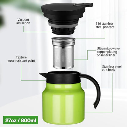 2 Pcs Thermal Coffee Carafe for Keeping Hot/Cold Stainless Steel Small Coffee Creamer Container Double Wall Vacuum Insulated Tea pot Beverage Dispenser for Milk Hot Chocolates (Green,27 oz)