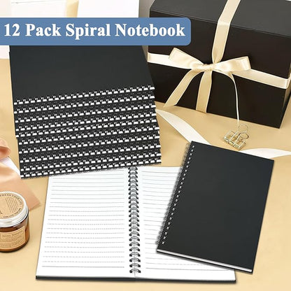 12Pack Small Spiral Notebook A5, 8.25x5.5” 120 Lined Pages Black Wide Ruled Spiral Journal Bulk Blank Kraft Cover Spiral Bound Notebook & Writing Pads for Home Office Meeting Work Note Taking