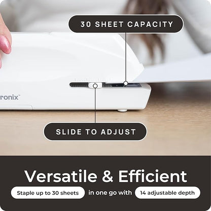 Portable Automatic Electric Stapler Pro - 30 Sheet Capacity, Quiet Operation, Jam-Free and Easy Reload - AC Adapter/Battery Powered (White & Black Combo)