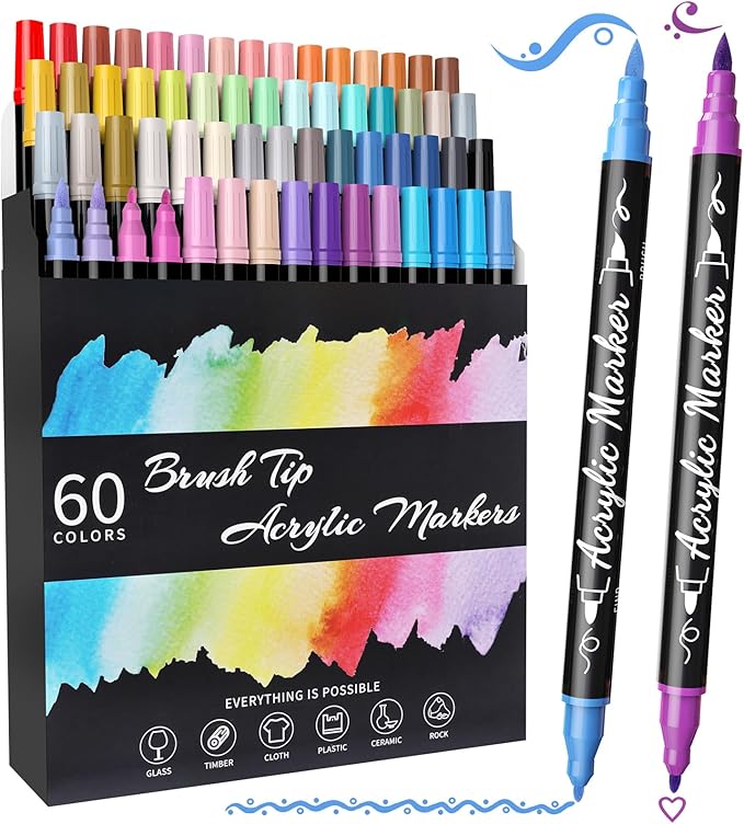 60 Colors Acrylic Paint Markers - Waterproof Dual Tip Acrylic Paint Pens with Brush & Fine Tip Professional Marker Set Scrapbook Markers for Paper Rock Wood Fabric Glass Ceramic and DIY Crafts