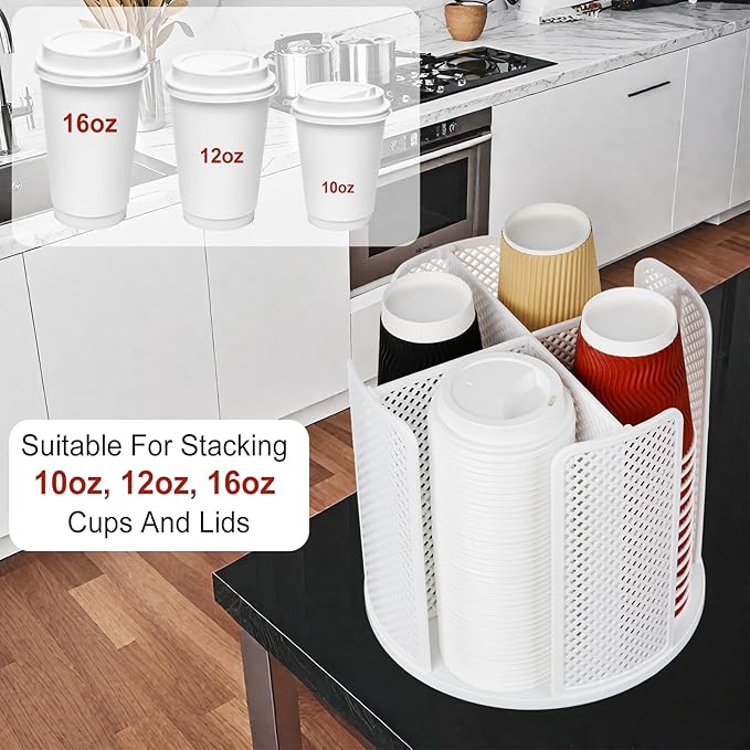 Rotating Cup Dispenser, Coffee Cup Holder with 4 Compartments, Disposable Paper Cup Organizer Fits 5 to 16 oz Cups for Kitchen Cabinets, Detachable Plastic Cup Stand & Lid Holder, White