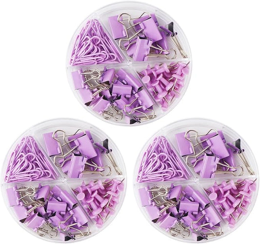 Purple Paper Clips and Binder Clips Set, 216 pcs, Metal Assorted Sized Binders with Push Pins, Cute Office Supplies for Desk, Durable Desk Accessories, 3 Pack