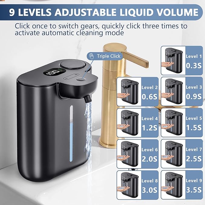 Automatic Soap Dispenser Touchless, Liquid Hand Soap Dispenser, 1200mAh Rechargeable, 9-Level Adjustable, 16.9oz/500ml Wall Mount for Bathroom Kitchen Office Dish Soap Kitchen, Bathroom,Black
