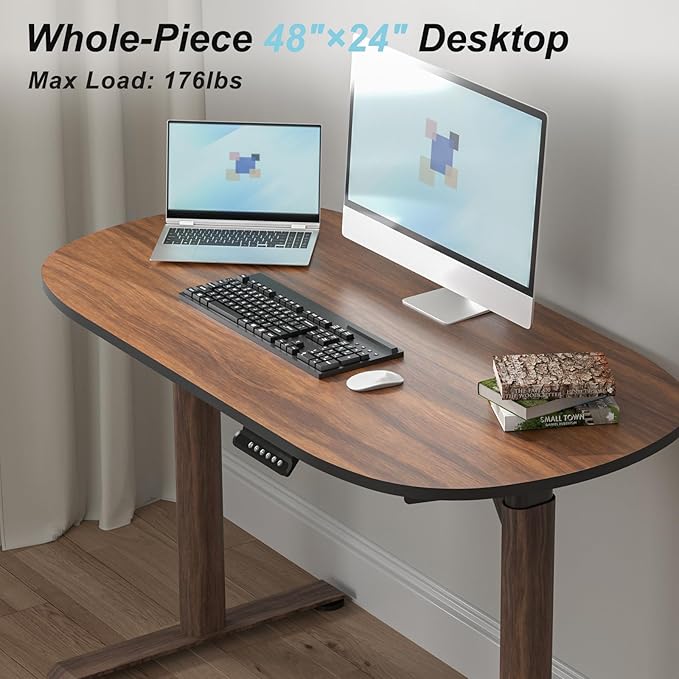 Oval Leg Electric Standing Desk, 48x24 Inch Whole-Piece Oval Desktop, Height Adjustable Sit Stand Workstation for Home Office, Walnut (48x24)
