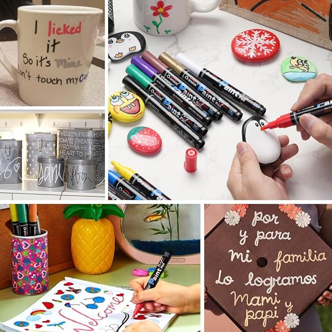 Overseas Acrylic Paint Marker Pens - 12 Colors Permanent Markers, Medium Tip, Water Based, Quick Dry, Waterproof Paint Pen Set for Rock, Wood, Plastic, Metal, Canvas, Glass, Fabric, Mug, Stone