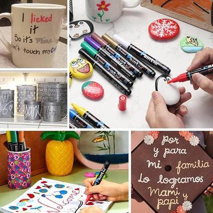 Overseas Acrylic Paint Marker Pens - 12 Colors Permanent Markers, Medium Tip, Water Based, Quick Dry, Waterproof Paint Pen Set for Rock, Wood, Plastic, Metal, Canvas, Glass, Fabric, Mug, Stone