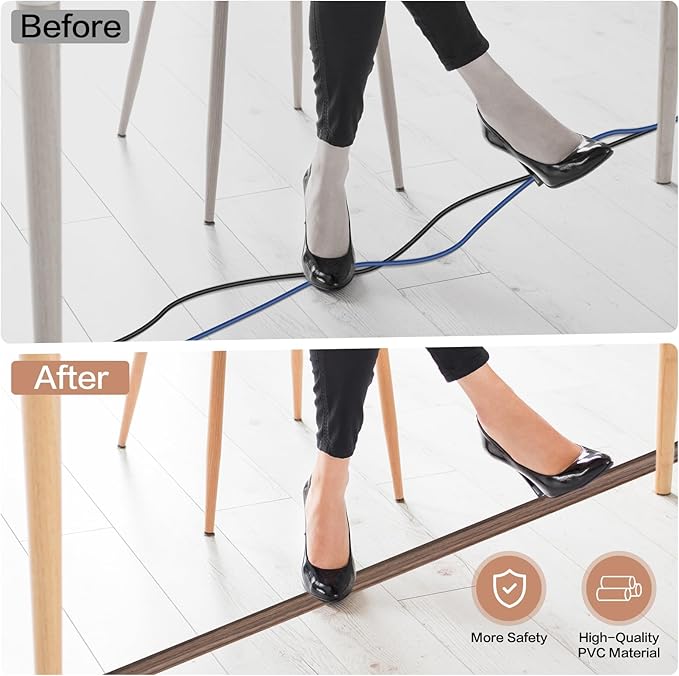Floor Cord Cover Self Adhesive Cord Hider Floor Extension Cord Covers for Floor Power Cord Protector Cable Management Prevent Cable Trips Cable Cavity 0.32" W x 0.32" H (Smoked Brown Wood, 3.3Ft)