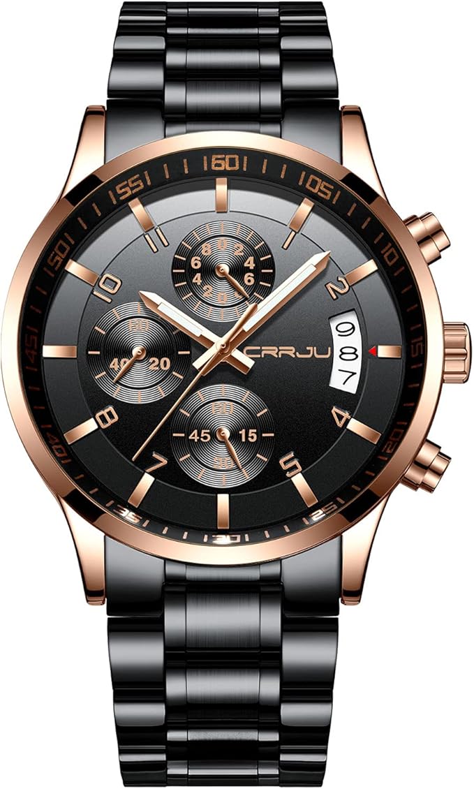 CRRJU Men's Fashion Stainless Steel Watches Date Waterproof Chronograph Wristwatches,Black Steel Band Waterproof Quartz Watch for Men