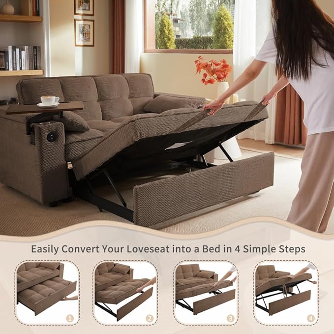 65'' Convertible Sleeper Sofa Bed with Adjustable Backrest, Chaise Lounge, Side Table & USB/Type-C Ports – Stylish & Functional Addition to Any Living Room (Brown)