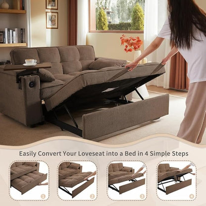 65'' Convertible Sleeper Sofa Bed with Adjustable Backrest, Chaise Lounge, Side Table & USB/Type-C Ports – Stylish & Functional Addition to Any Living Room (Brown)