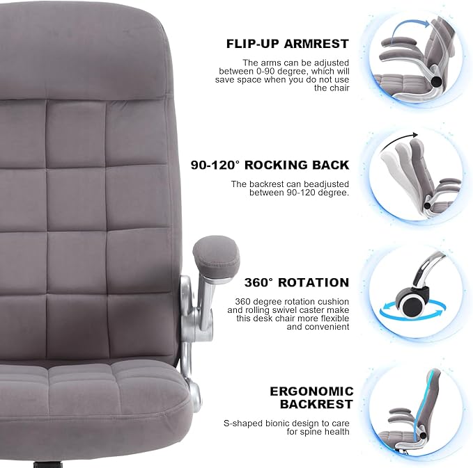 High Back Fabric Office Chair, Velvet Executive Desk Chair with Flip-Up Arms, Ergonomic Office Desk Chair with Lumbar Support, Upholstered Home Computer Chair with Wheels(Grey)
