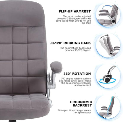High Back Fabric Office Chair, Velvet Executive Desk Chair with Flip-Up Arms, Ergonomic Office Desk Chair with Lumbar Support, Upholstered Home Computer Chair with Wheels(Grey)