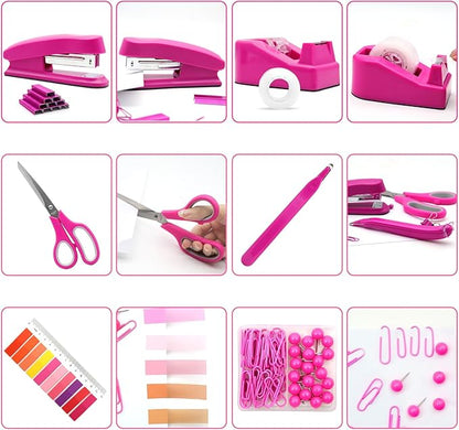 Hot Pink Desk Accessories Set - Stapler and Tape Dispenser Kit, Office Supplies Gift for Students, Women, Coworkers, Boss Lady, Office Clerks