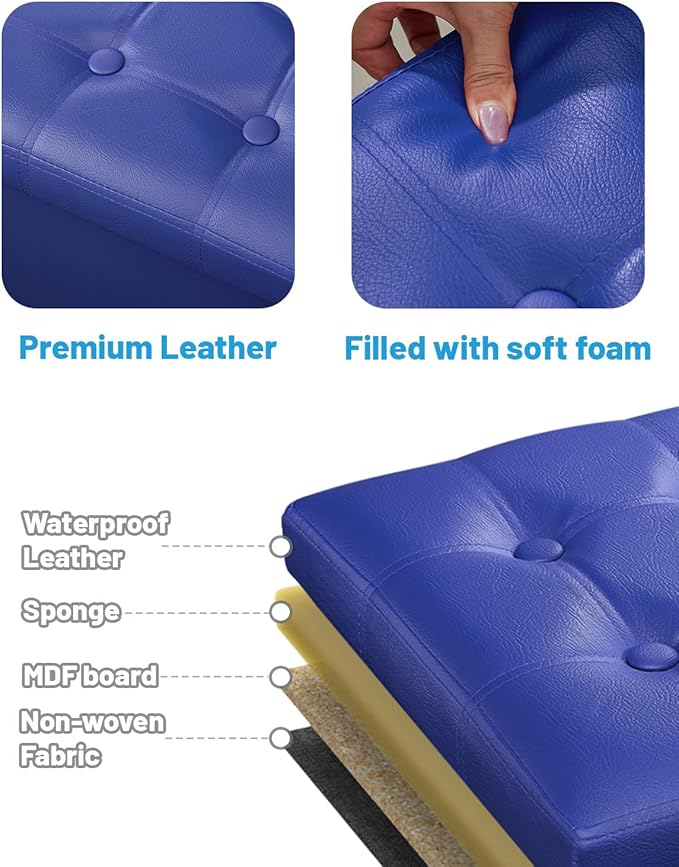 AmasSmile Storage Ottoman Folding Foot Rest Stool, Leather Footstool Bench, Short Ottoman Stool, Storage Foot Rest Store, Books (Blue, 17" D x 13" W x 13" H)