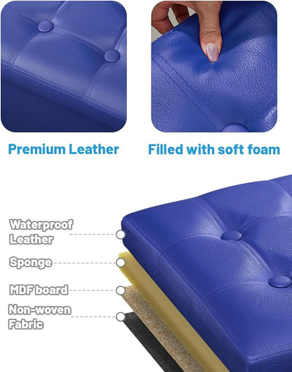 AmasSmile Storage Ottoman Folding Foot Rest Stool, Leather Footstool Bench, Short Ottoman Stool, Storage Foot Rest Store, Books (Blue, 17" D x 13" W x 13" H)